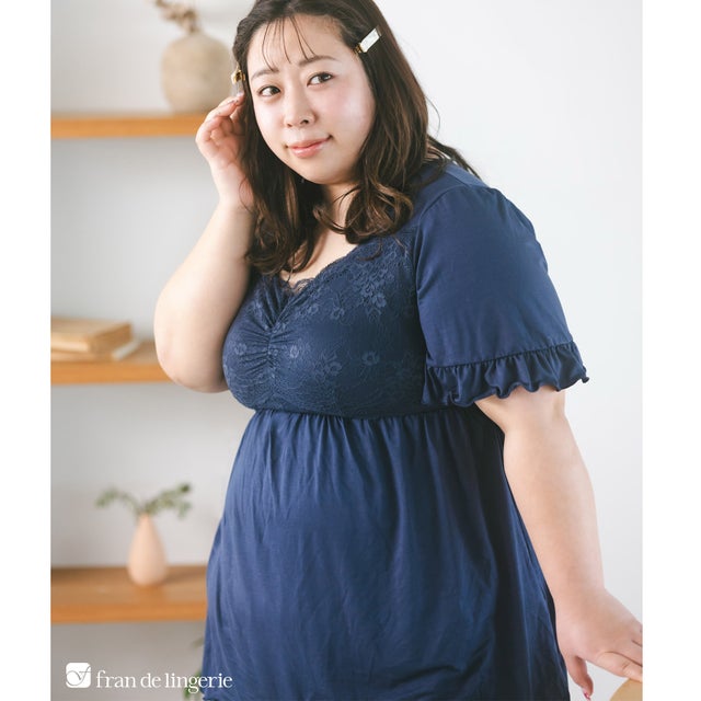 餅田コシヒカリさんとコラボレート☆ナイトブラ付きルームウェア『LuNight（ルナイト）』ナイトブラ付き半そでチュニック 「ルナイト Tシャツ」 ナイトブラ付きレース袖Tシャツ （ネイビー）