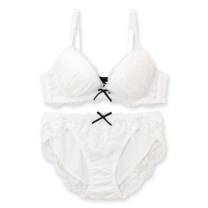 フランデランジェリー fran de lingerie 編み上げ×レースのキュートデザインすっきりラインの谷間メイクブラ 「フランスタンダード007 ペアブラジャー（ワイヤー有り）」 ブラジャーショーツセット【返品不可商品】 （ホワイト）｜詳細画像