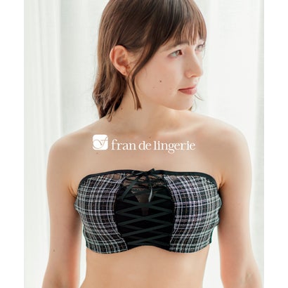 フランデランジェリー fran de lingerie チューブブラ、2WAYストラップ 刺繍で描くリッチなマドラスチェック「スフレフィット002」ブラジャーショーツセット （ピンク）｜詳細画像