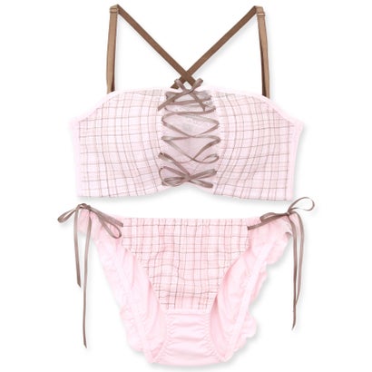 フランデランジェリー fran de lingerie チューブブラ、2WAYストラップ 刺繍で描くリッチなマドラスチェック「スフレフィット002」ブラジャーショーツセット （ピンク）｜詳細画像