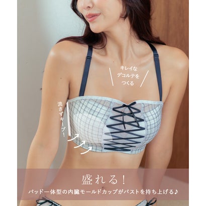 フランデランジェリー fran de lingerie チューブブラ、2WAYストラップ 刺繍で描くリッチなマドラスチェック「スフレフィット002」ブラジャーショーツセット （ピンク）｜詳細画像