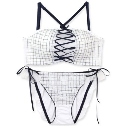 フランデランジェリー fran de lingerie チューブブラ、2WAYストラップ 刺繍で描くリッチなマドラスチェック「スフレフィット002」ブラジャーショーツセット （ホワイト）｜詳細画像