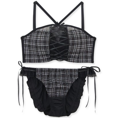 フランデランジェリー fran de lingerie チューブブラ、2WAYストラップ 刺繍で描くリッチなマドラスチェック「スフレフィット002」ブラジャーショーツセット （ブラック）｜詳細画像