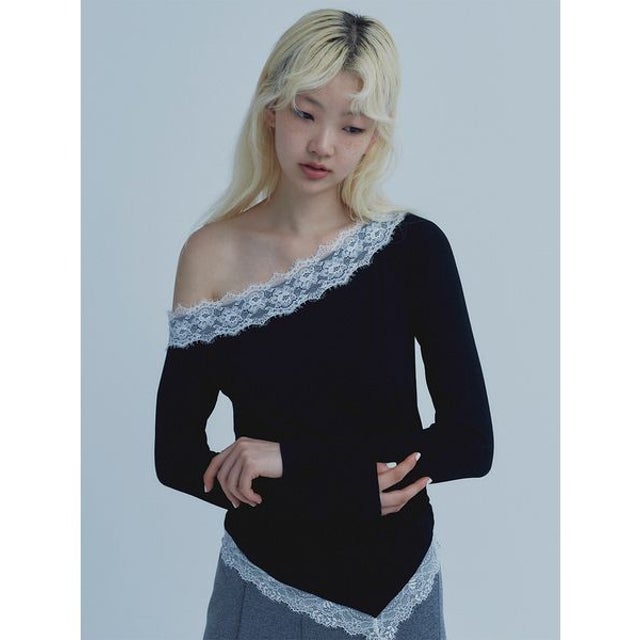レーストリムワンショルトップス （BLK）