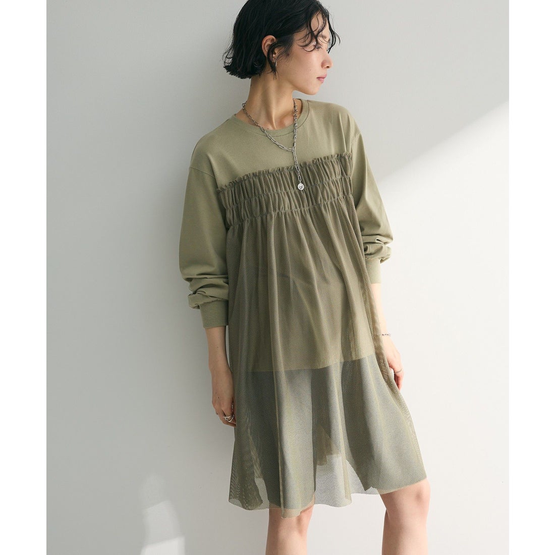☆45R♪バスクのチュニック/カーキ☆ グリーン パークス Green Parks メッシュドッキングレイヤーチュニック