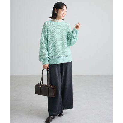 グリーン パークス Green Parks クルーネック透かし編みニットプルオーバー （レッド）｜詳細画像
