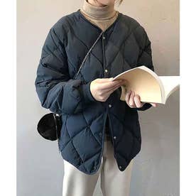 キルティングノーカラーフェイクダウンジャケット【韓国ファッション】 （ブラック）