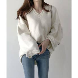 オーバーサイズVネックニット・セーター【韓国ファッション】 （ホワイト）