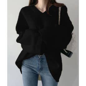 オーバーサイズVネックニット・セーター【韓国ファッション】 （ブラック）