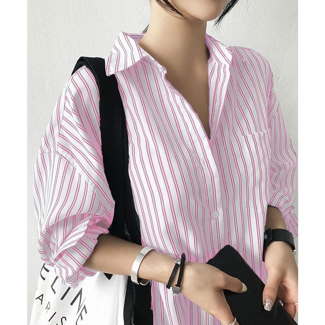
                    ロングストライプシャツ【韓国ファッション】 （ピンク）