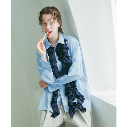Striped Ruffle Shirt(LADIES) （BLUE）｜詳細画像