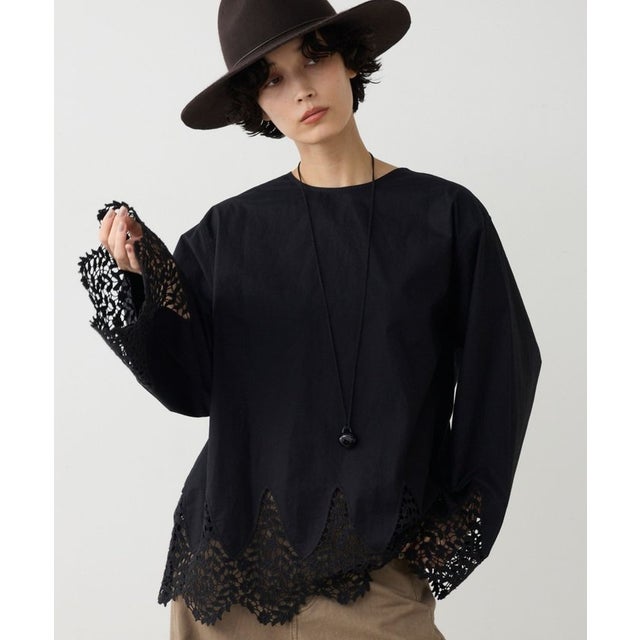 【Dhritië】ヘムレースシャツ （black）