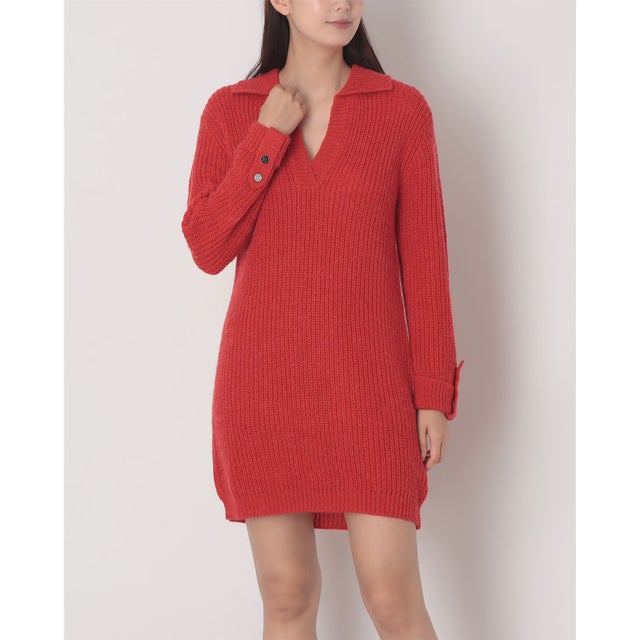 スキッパーあぜ編みニットワンピース （RED）