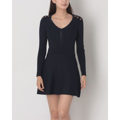 ショルダーボタンポイントフレアスカートニットワンピース （NAVY）｜詳細画像