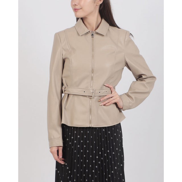 フェイクレザー ジップアップステンカラーブルゾン （BEIGE）