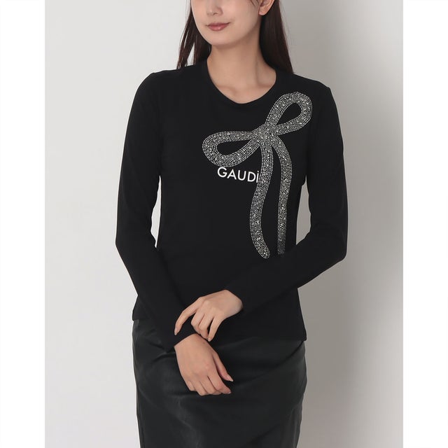 ラインストーンリボンポイントロンT （BLACK）