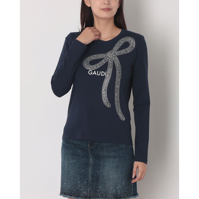 ラインストーンリボンポイントロンT （NAVY）