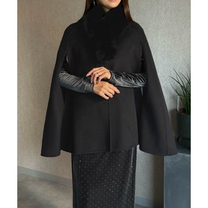 【上質ウール70％・リアルフォックス】ファー襟取り外し可能 2WAYケープポンチョコート （ブラック）｜詳細画像