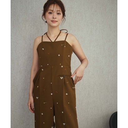 モチーフ刺繍 キャミソール ワイドパンツ オールインワン 結婚式 パーティードレス オケージョンドレス お呼ばれ 二次会 成人式 同窓会 謝恩会 （ブラウン）｜詳細画像