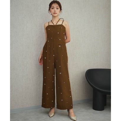モチーフ刺繍 キャミソール ワイドパンツ オールインワン 結婚式 パーティードレス オケージョンドレス お呼ばれ 二次会 成人式 同窓会 謝恩会 （ブラウン）｜詳細画像
