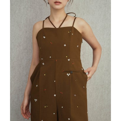 モチーフ刺繍 キャミソール ワイドパンツ オールインワン 結婚式 パーティードレス オケージョンドレス お呼ばれ 二次会 成人式 同窓会 謝恩会 （ブラウン）｜詳細画像