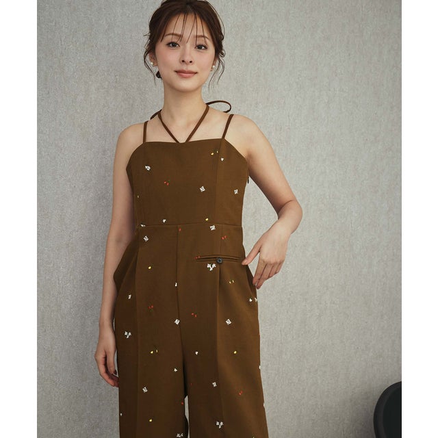 モチーフ刺繍 キャミソール ワイドパンツ オールインワン 結婚式 パーティードレス オケージョンドレス お呼ばれ 二次会 成人式 同窓会 謝恩会 （ブラウン）