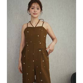 モチーフ刺繍 キャミソール ワイドパンツ オールインワン 結婚式 パーティードレス オケージョンドレス お呼ばれ 二次会 成人式 同窓会 謝恩会 （ブラウン）