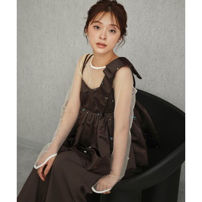 ガール GIRL ボリュームリボンペプラムセットアップドレス 2点セット セパレート 結婚式 パンツスタイル パーティードレス オケージョンドレス お呼ばれ 二次会 成人式 同窓会 謝恩会 七五三 （ブラウンミックス）｜詳細画像