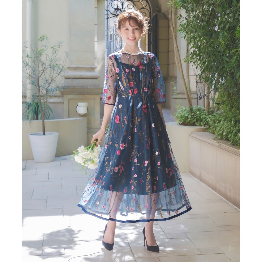 【GIRL】ヴィンテージ風チュールフラワー刺繍レースミモレ丈フレア結婚式ドレス
