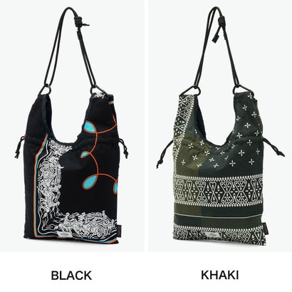 ショルダーバッグ ブランド redad and fluffy×SML マルシェバッグ バンダナ柄 巾着バッグ 日本製 A5 2WAY RAPHINHA BANDANNA ECO BAG 463S2 （KHAKI）｜詳細画像