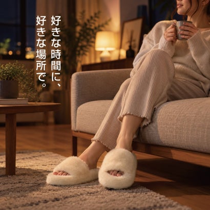 ジームード ムートン風 サンダル レディース 厚底 ボア ふわもこ オープントゥ スリッパ GM-411 グレー M(23.0-23.5cm) （グレー）｜詳細画像