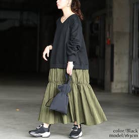 異素材ドッキングギャザーワンピース （ブラック）