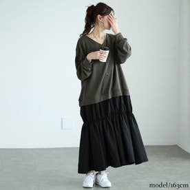 異素材ドッキングギャザーワンピース （チャコール）