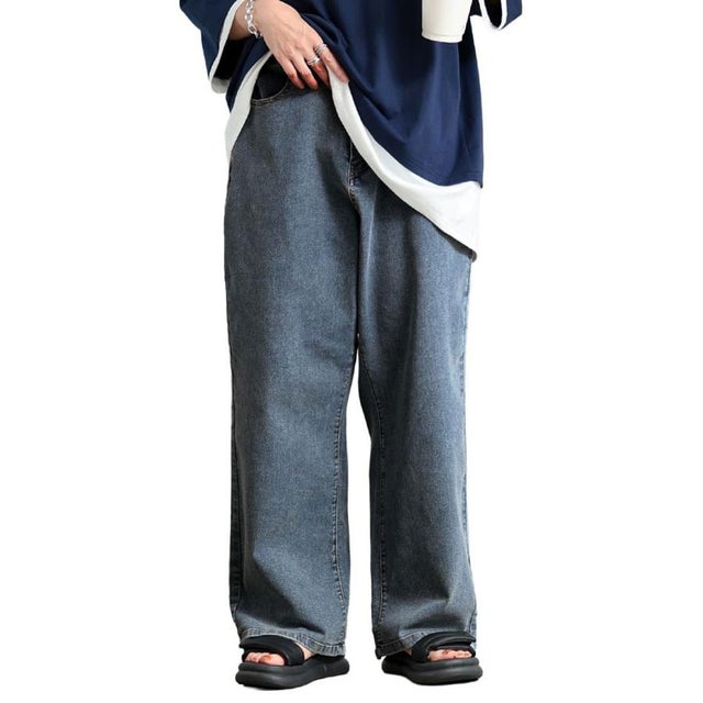 ストレッチストレートワイドデニムパンツ （サックス）