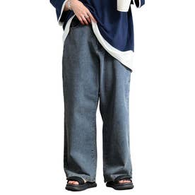 ストレッチストレートワイドデニムパンツ （サックス）