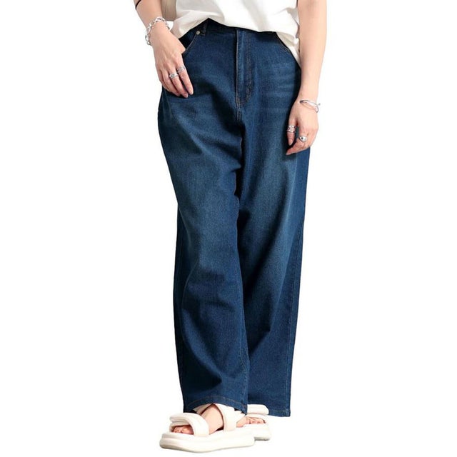 ストレッチストレートワイドデニムパンツ （ブルー）