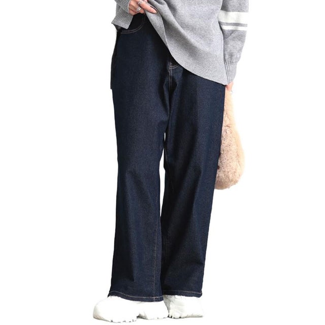 ストレッチストレートワイドデニムパンツ （ネイビー）
