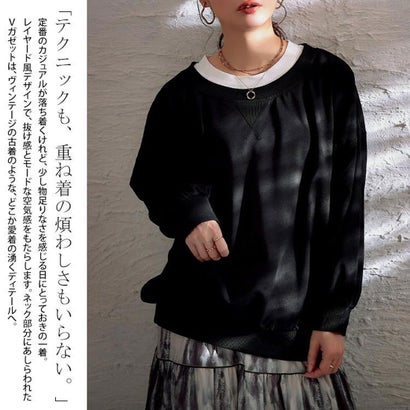 フェイクレイヤードクルーネックプルオーバー （ブラック）｜詳細画像