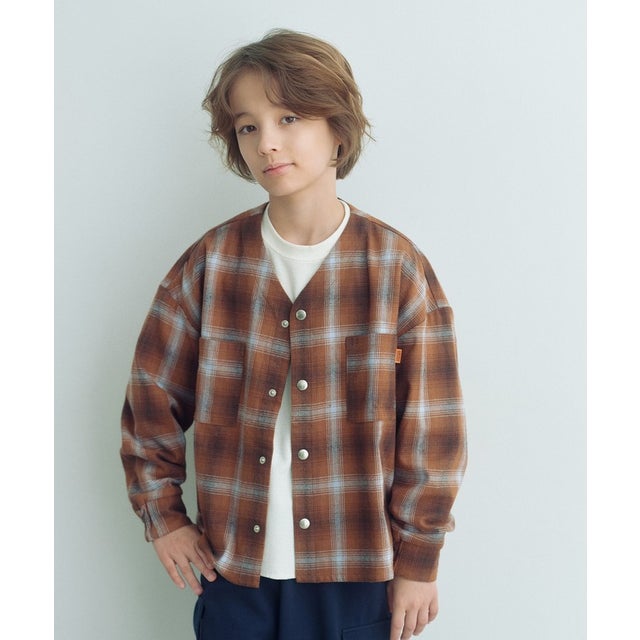 【別注】＜UNIVERSAL OVERALL＞Vネック チェック カーディガン / キッズ 140cm-160cm （MD.BROWN）