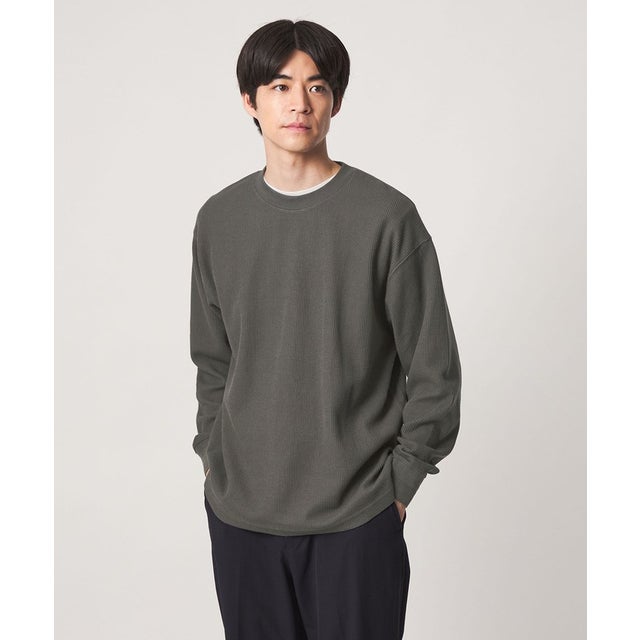 ワッフル クルーネック 長袖 Tシャツ カットソー （DK.GREEN）