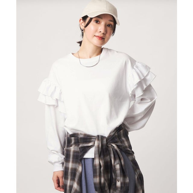 【WEB限定】＜at ease＞ソデ フリル ロングスリーブ プルオーバー カットソー （WHITE）