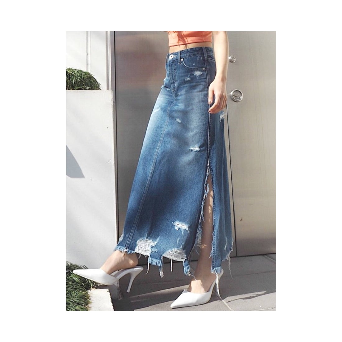 服/ファッション 69.GYDA スリットサロペットデニムロングスカート