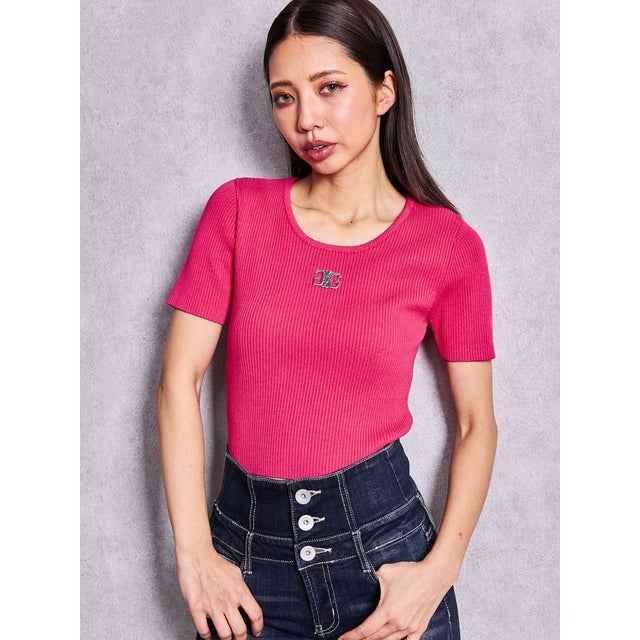 symmetry GYDAプレートハーフスリーブニットTOPS （ピンク）