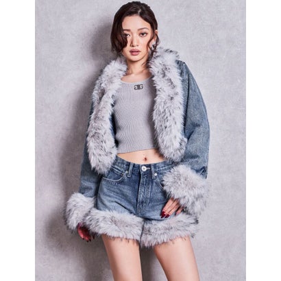 ハイウエスト2WAY HEMフェイクファーデニムショートパンツ （アイスブルー）｜詳細画像