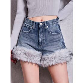 ハイウエスト2WAY HEMフェイクファーデニムショートパンツ （アイスブルー）