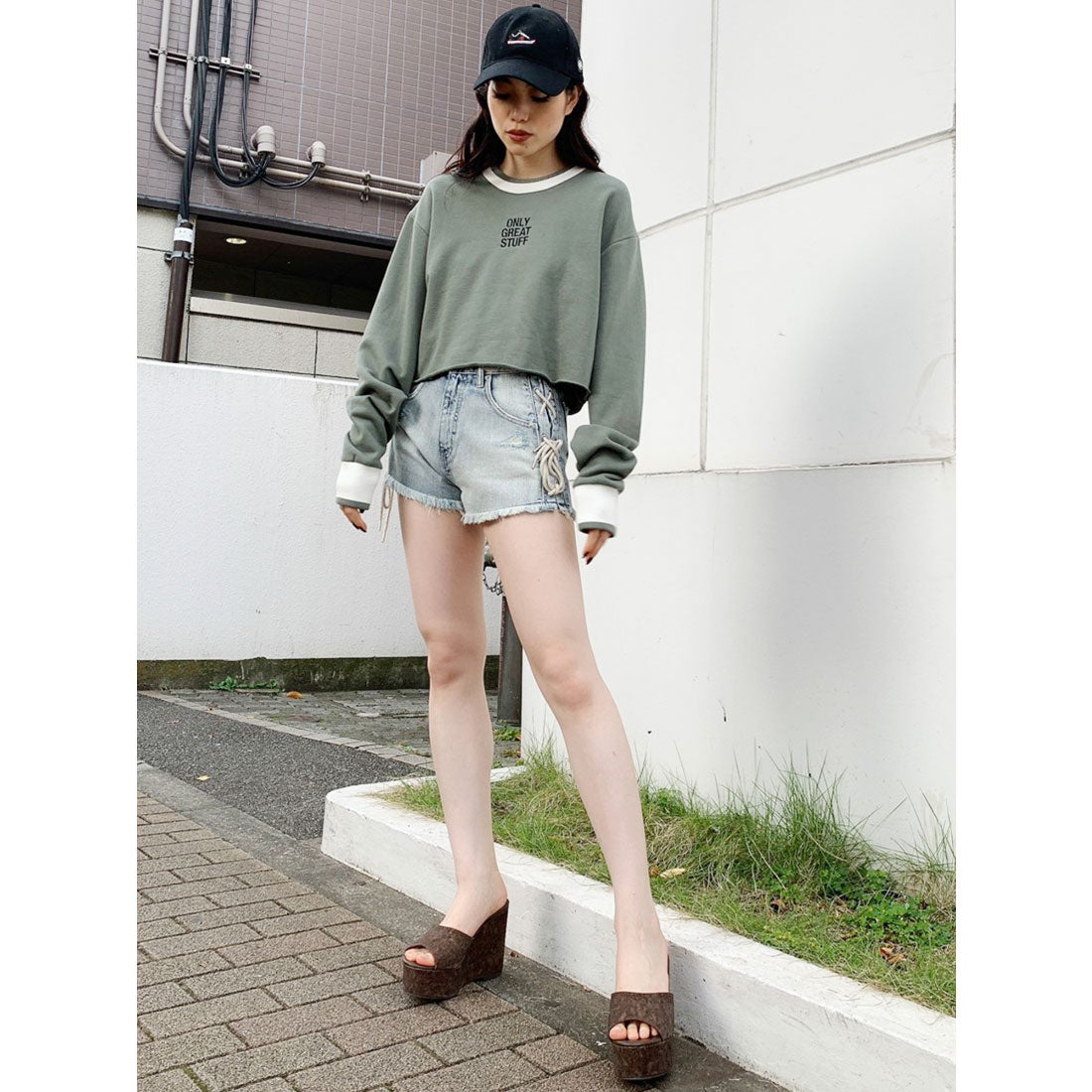 ジェイダ GYDA サイドレースアップデニムショーパン （アイス
