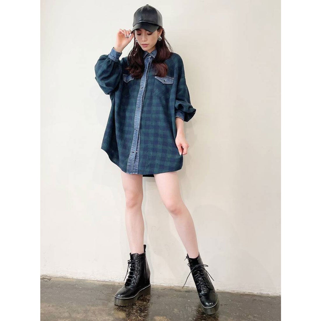 ジェイダ GYDA デニムドッキングチェックBIG シャツ （グリーン） -靴 