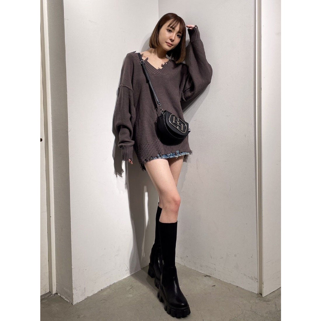ジェイダ GYDA グラインダーVネックニットTOPS （チャコールグレー 