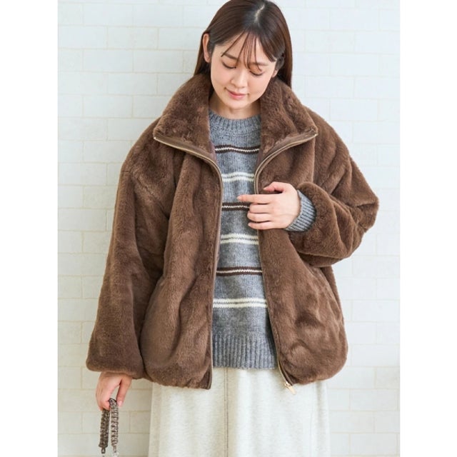 ファースタンドカラーコート （茶）