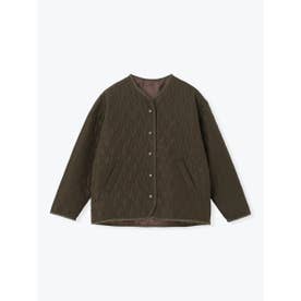 花柄キルティングノーカラーブルゾン （カーキ）